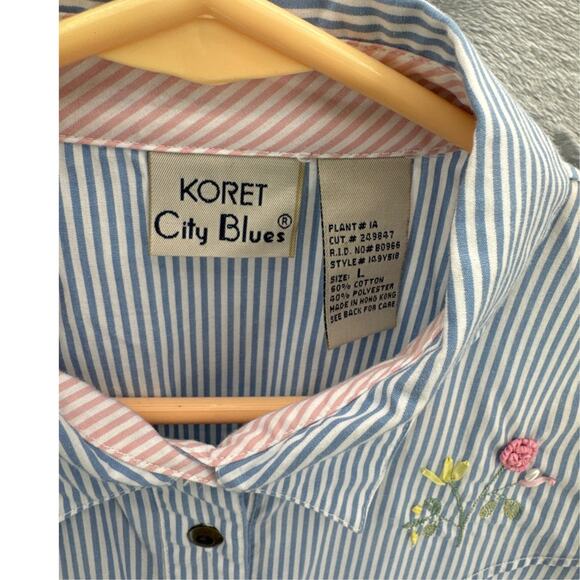 Koret City Blues Floral Striped Blue Pink Cottage Granny Button Up Blouse Large - Picture 1 of 6